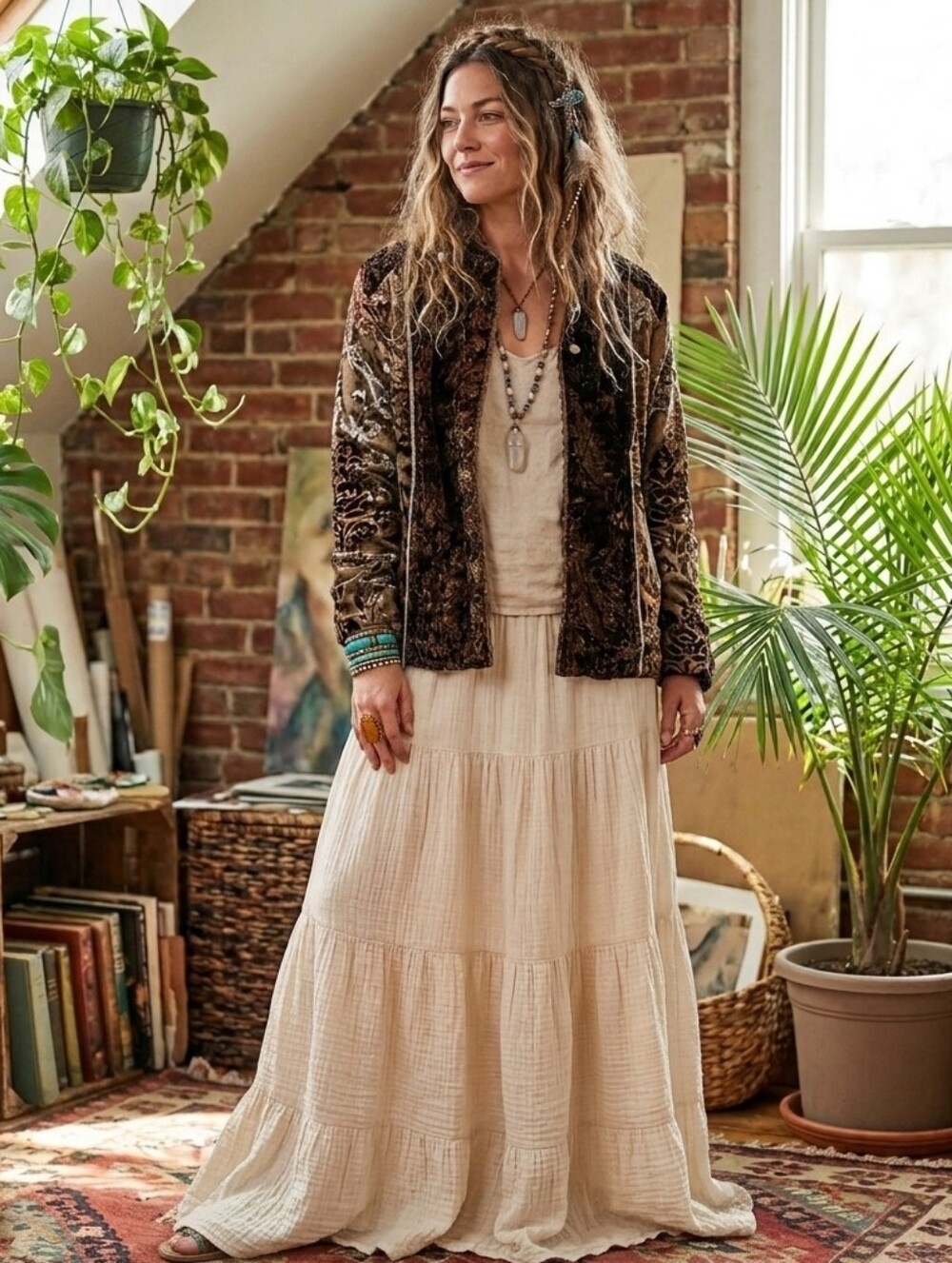 Chico's Velvet Embroidered Bomber Jacket in Brown & Olive